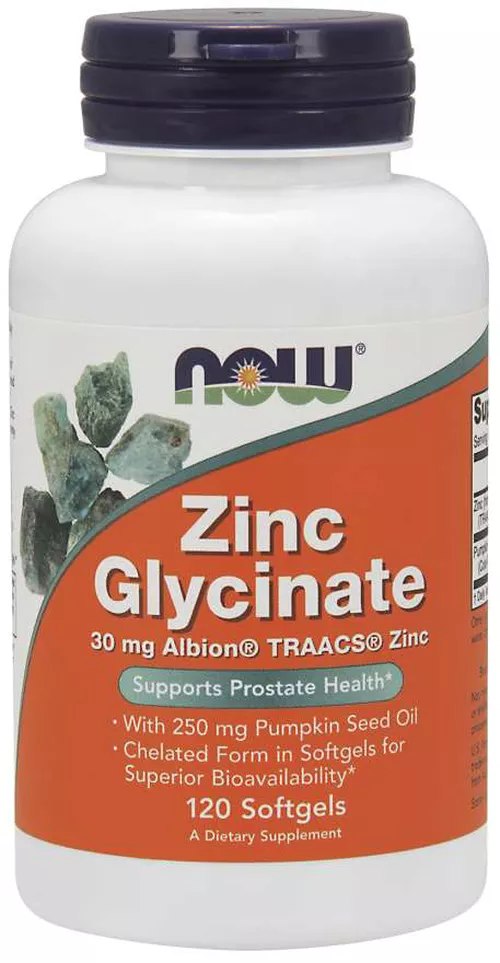 Now® Foods NOW Zinc Glycinate (diglicynian cynku + olej z dyni), 30 mg, 120 kapsułek softgel