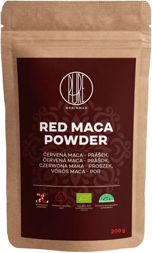 BrainMax Pure Red Maca Powder, Maca czerwona BIO proszek, 200 g