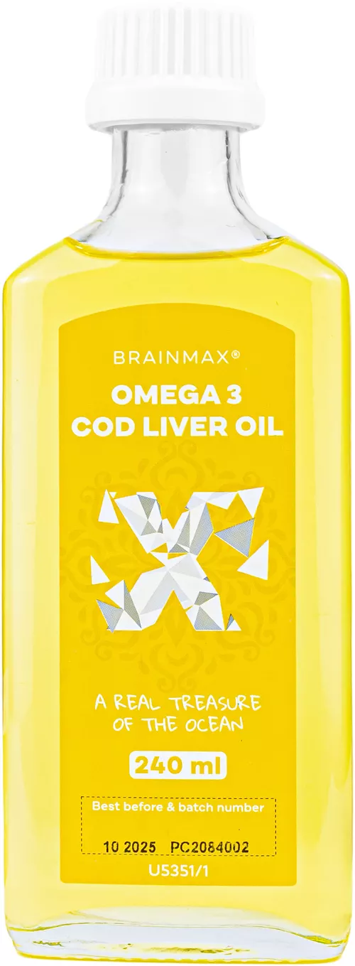 BrainMax Omega 3, Olej z wątroby dorsza, cytryna, 24 porcje, 240 ml