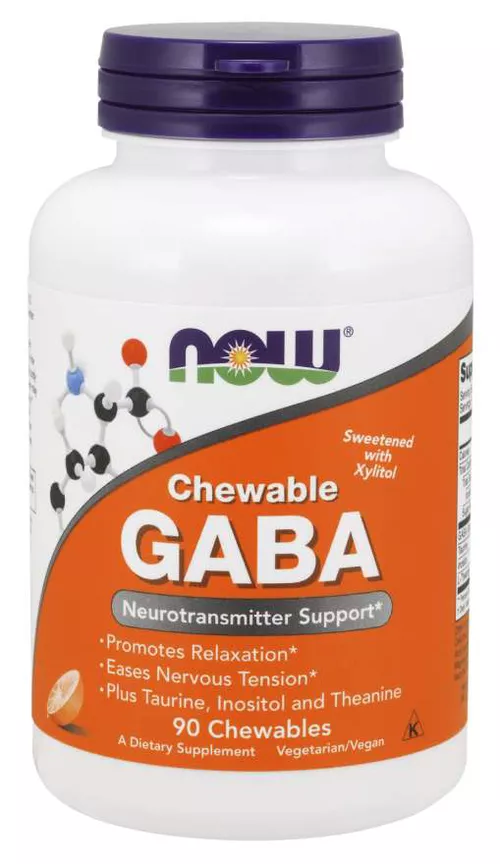 Now® Foods NOW GABA (kwas gamma-aminomasłowy) 500 mg + Tauryna, Inozytol i L-Teanina, 90 kapsułek do żucia