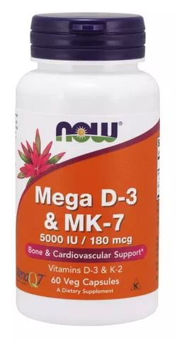 Now® Foods NOW Mega D3 i MK-7, Witamina d3 5000 IU i Witamina K2 180 ug, 60 kapsułek